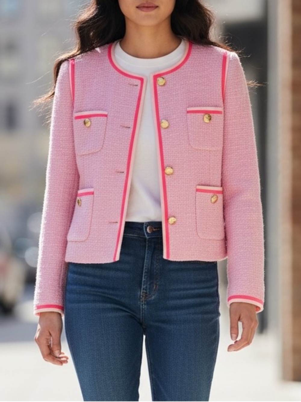 J. Crew Bubblegum Pink Bouclé Preppy Fall Pocket Blazer with Gold Buttons Size 8